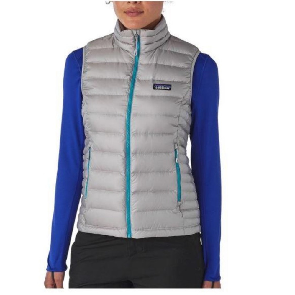 Patagonia Light Gray Down Puffer Vest with Teal Trim